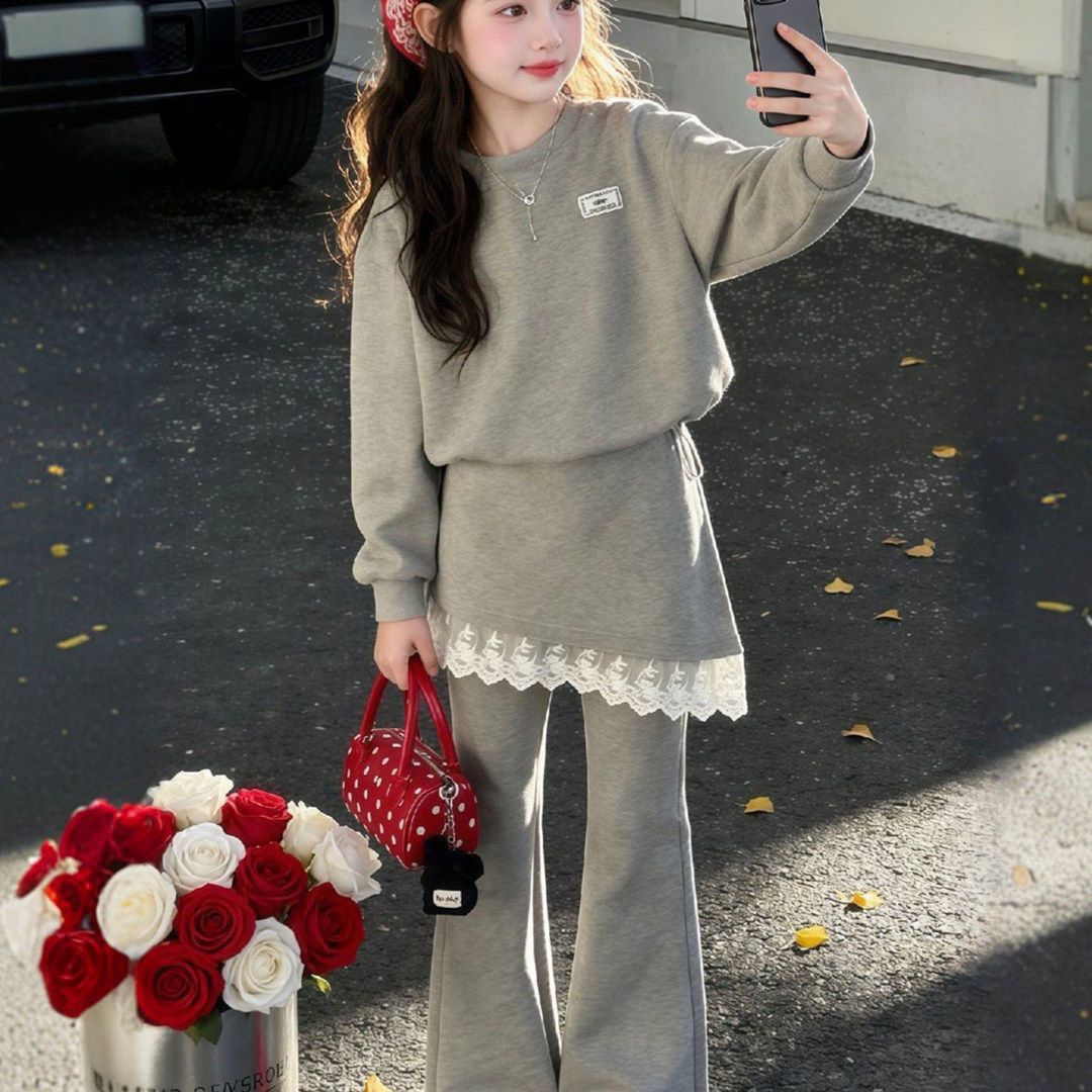 Girls' Korean-Style Sweatshirt Set, Versatile Autumn New Fashion, Stylish Children's Lace-Trimmed Bell-Bottom Pants_voghion.com
