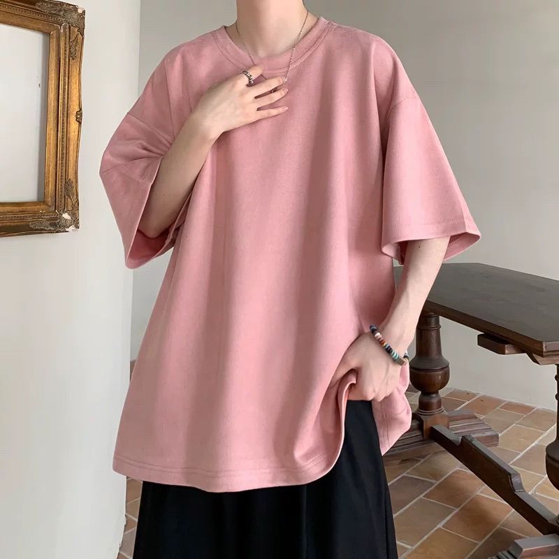 T301 夏季情侣休闲宽松T恤麂皮纯粉色显白显瘦男女同款短袖上衣
