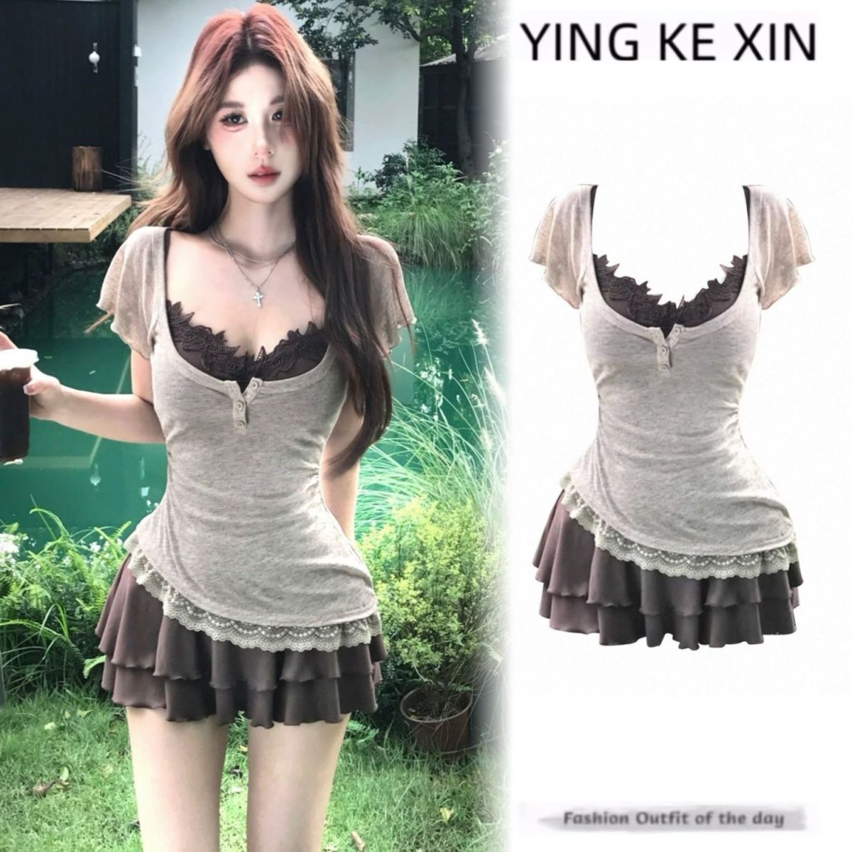 夏日绝美巨好看掐腰显瘦小裙子2025新款辣妹短袖冰丝罩衫短裙套装