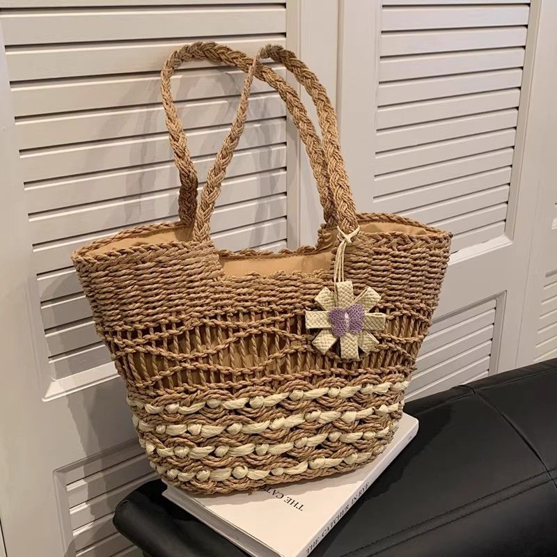 Große Damen-Handtasche im neuen Stil, ideal für den Urlaub, Strandtasche aus Stroh, Gemüsekorb_voghion.com