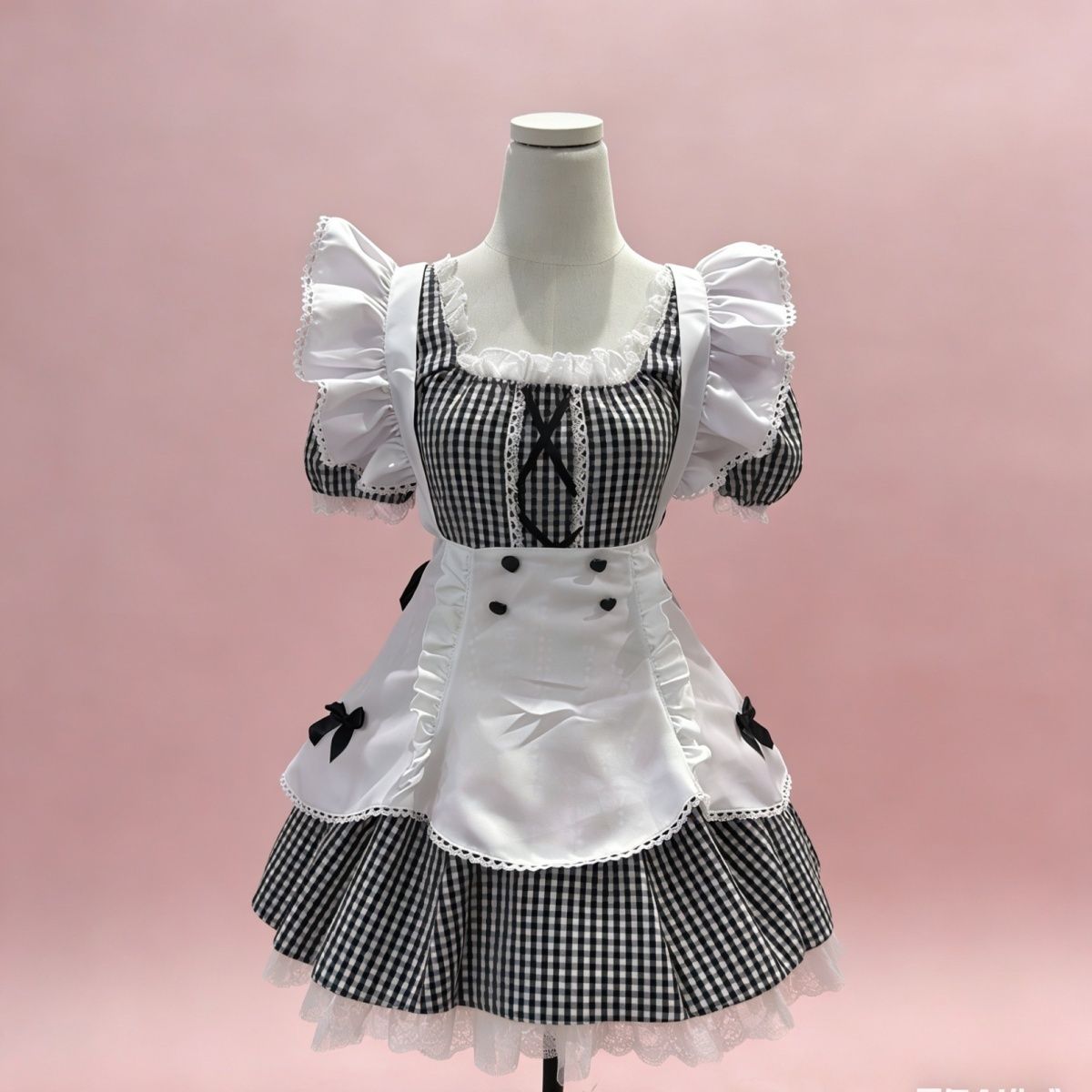2026年最新新作 黒ピンクチェック メイド風 パフスリーブ エプロン 大きいサイズ スリム ロリータ ワンピース Lolita cos メイド服