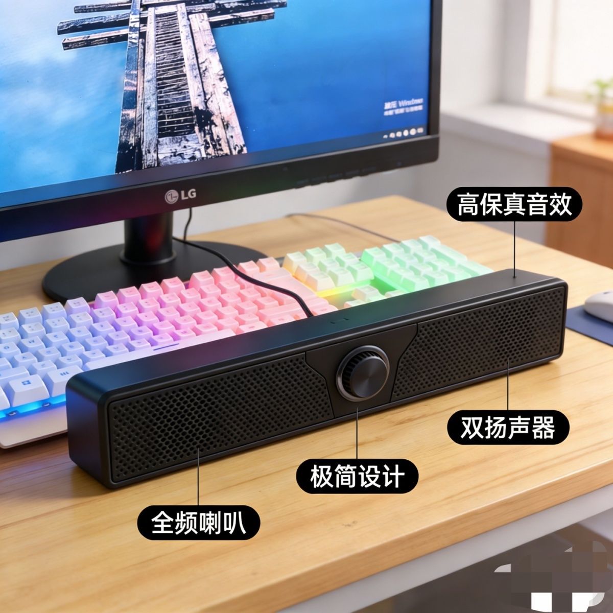 长条电脑音响台式家用桌面usb有线小音箱笔记本多媒体通用低音炮 图片 1