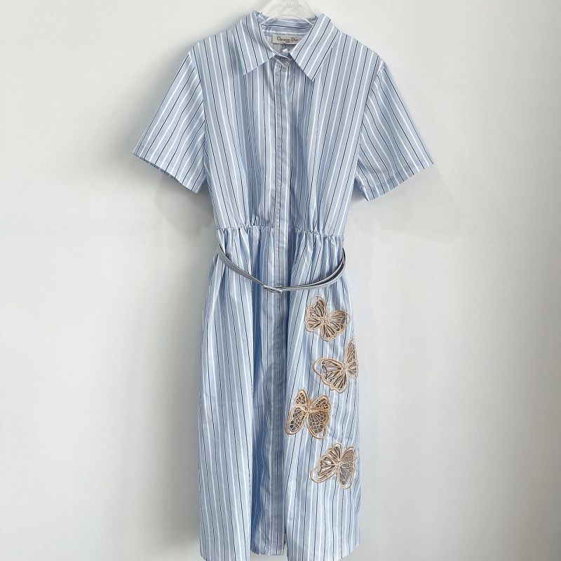 2026 Early Spring New Blue White Striped Butterfly Embroidery For Women, Exquisite And Simple Waist-Cinching Dress_voghion.com