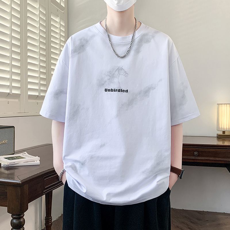 青少年夏季美式宽松百搭圆领短袖男士潮流时尚T恤男印花半袖上衣