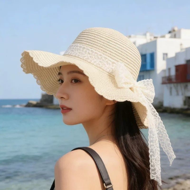 女款蕾丝蝴蝶结大帽檐草帽 15.6元 - 线报酷