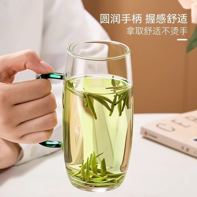 茶杯耐高温玻璃茶馆待客专用绿茶杯带彩色把手可加热花茶杯喝水杯 图片 2