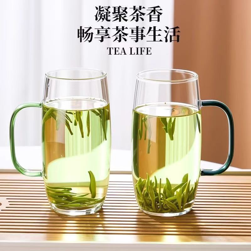 茶杯耐高温玻璃茶馆待客专用绿茶杯带彩色把手可加热花茶杯喝水杯
