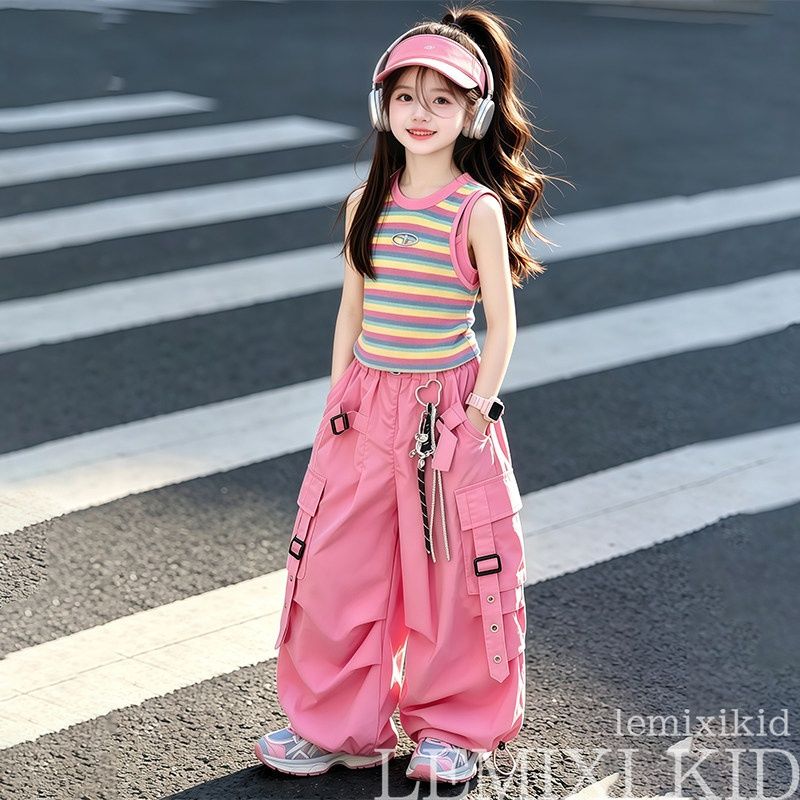 女童彩条背心工装裤套装2026新款夏季街舞无袖速干阔腿裤甜酷风潮 图片 4