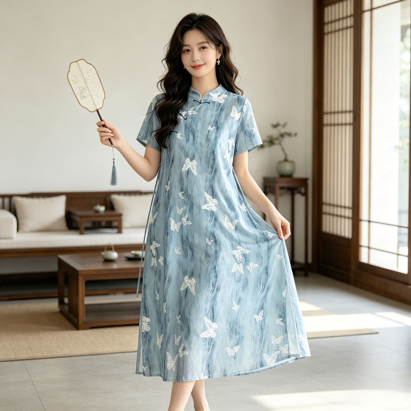 夏季薄款棉绸新中式连衣裙2026新款女士改良送考国风旗袍收腰长款