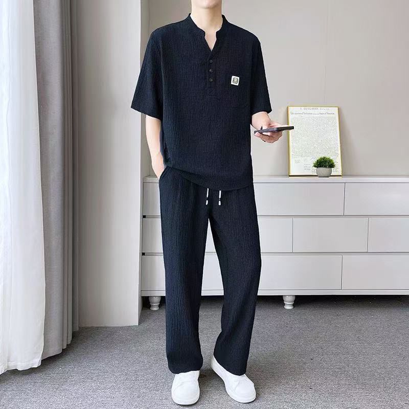 夏季新款中式休闲套装男士V领宽松轻熟短袖长裤一套薄款皱感套装