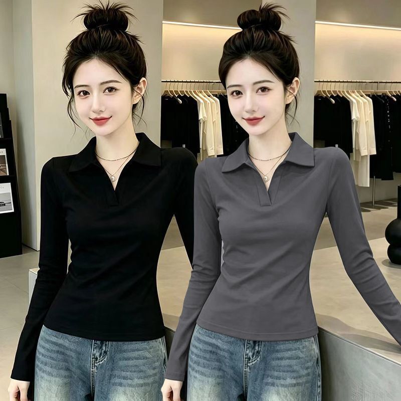 长袖T恤女2026春秋季韩版新款修身显瘦纯色短款polo领打底衫上衣