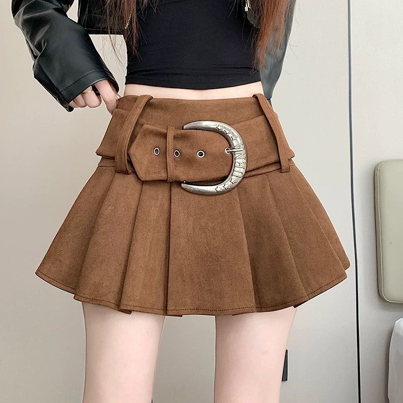 咖色麂皮绒百褶半身裙女秋冬2026新款高腰显瘦设计感a字辣妹短裙