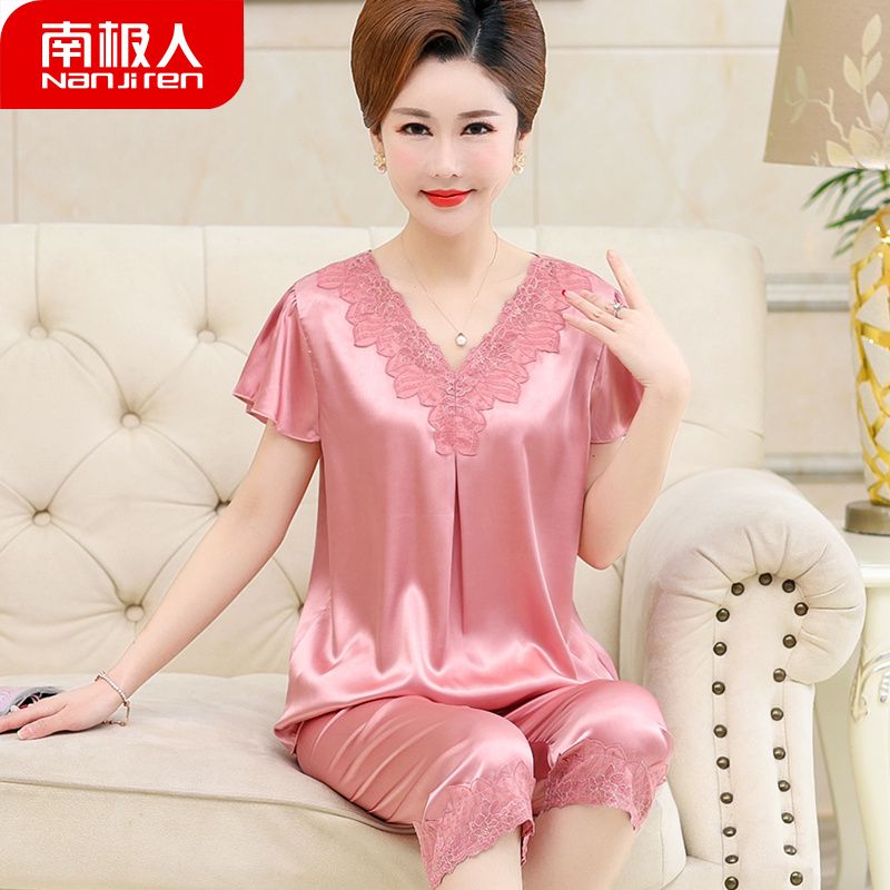 Thin section loose summer mother short-sleeved ice silk pajamas summer middle-aged and elderly plus size fat sister