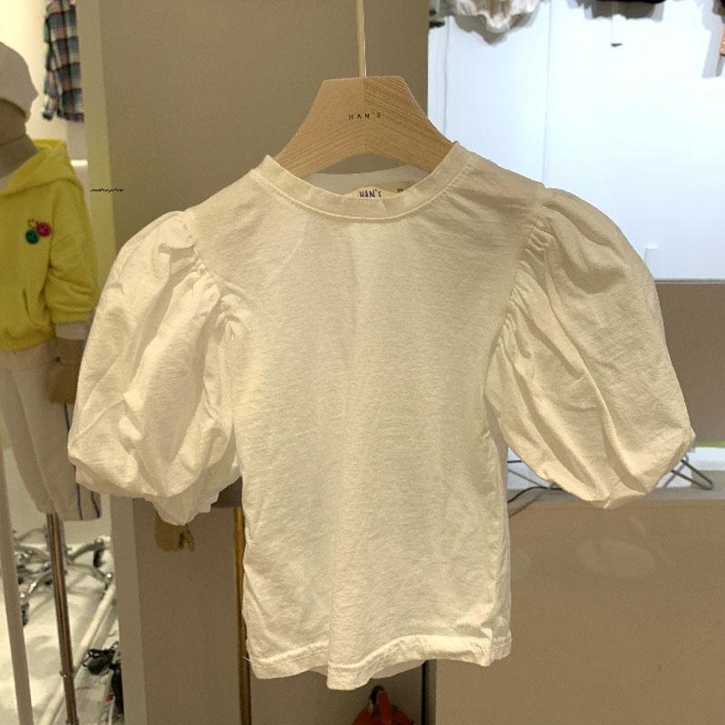Girls puff sleeve cotton T-shirt Korean children's clothing 2023 spring and summer children's lantern sleeve little girl white top
