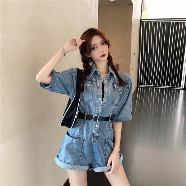  summer new cool girl wear a dark function wind-blown street frock denim conjoined pants two-piece suit