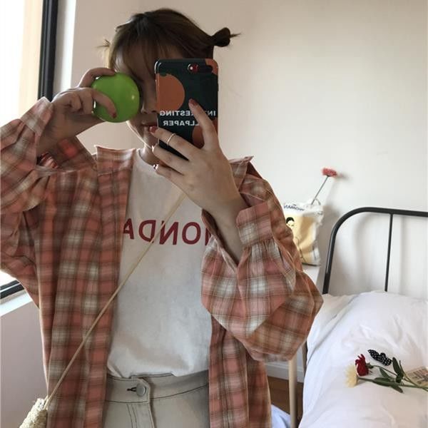 超火襯衫女學生韓版寬鬆百搭ulzzang原宿風bf長袖格子上衣外套薄