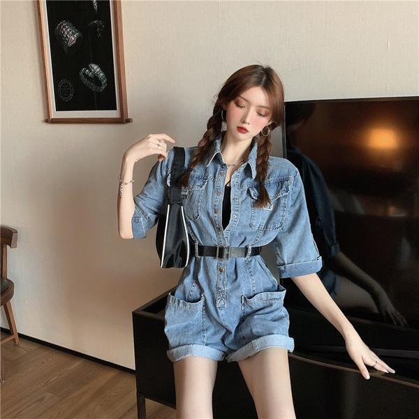  summer new cool girl wear a dark function wind-blown street frock denim conjoined pants two-piece suit