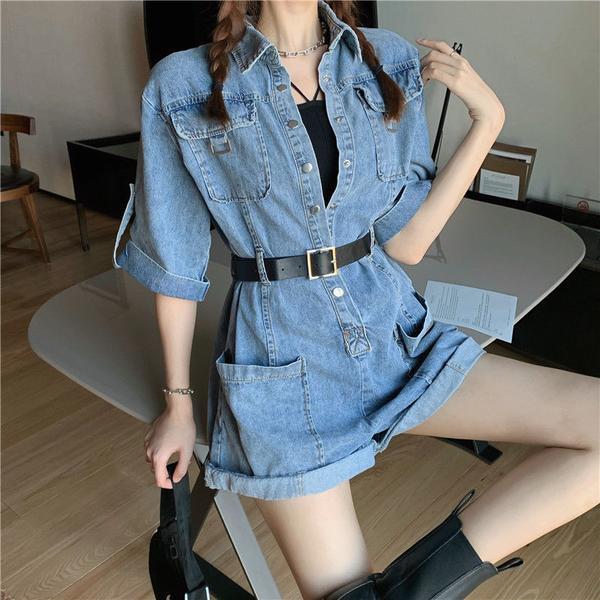  summer new cool girl wear a dark function wind-blown street frock denim conjoined pants two-piece suit