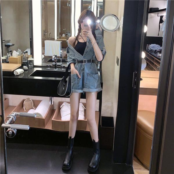  summer new cool girl wear a dark function wind-blown street frock denim conjoined pants two-piece suit