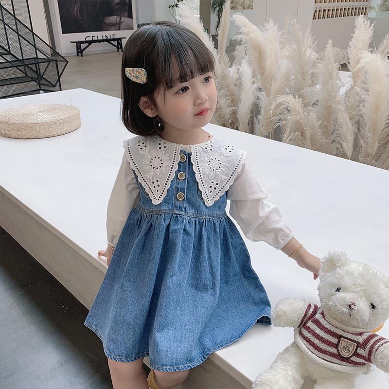 女童春裝連衣裙套裝2023新款洋氣休閒套裝兒童牛仔背帶裙兩件套