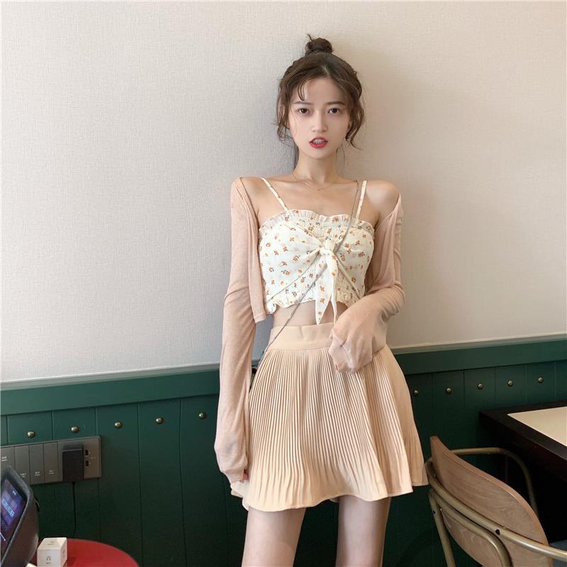 洋气网红小吊带衬衫两件套女装春夏季2022新款气质百褶半身裙套装