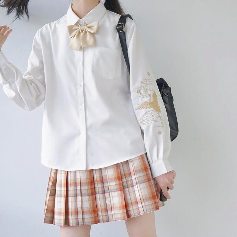 2023 new college small fresh plum crane JK uniform genuine crane embroidery national style long-sleeved black and white shirt