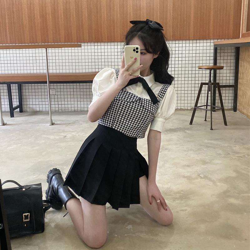 兩件套/單件夏季新款復古蝴蝶結洋氣減齡疊穿泡泡短袖襯衫女套裝
