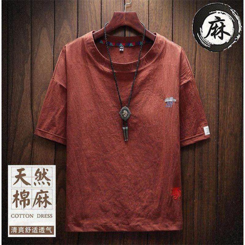 棉麻恤男短袖刺繡日系復古薄款加肥加大碼寬鬆半袖亞麻圓領上衣