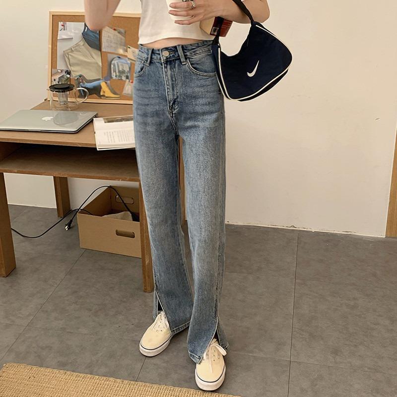 Slit jeans women's Korean version high waist thin loose all-match students retro Hong Kong style chic net red straight trousers