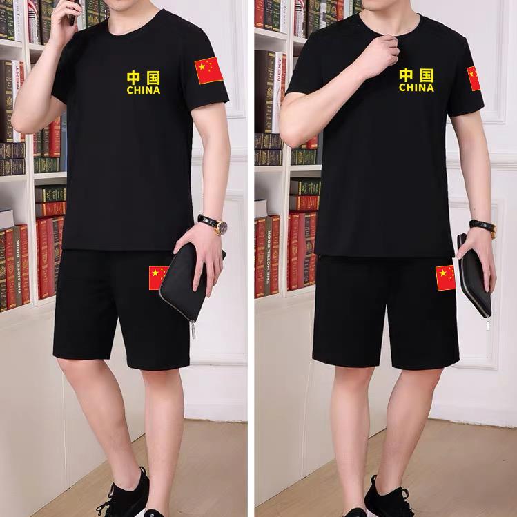 Suits/Tops Military Fans Casual Suit Summer Short Sleeve T-Shirt Large Size Chinese Flag Large Size Sports Suit