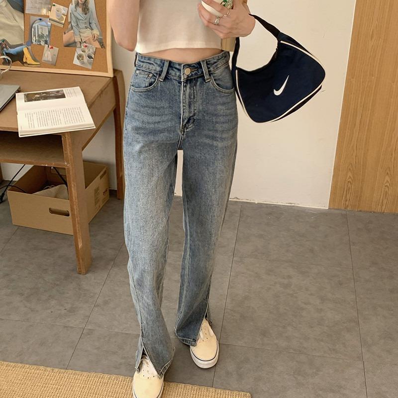 Slit jeans women's Korean version high waist thin loose all-match students retro Hong Kong style chic net red straight trousers
