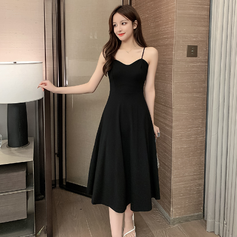 Black suspender skirt women's spring and autumn bottoming a-line dress mid-length slim slim Hepburn style little black dress