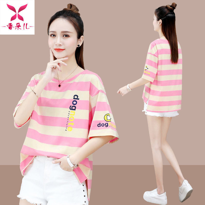 Striped short-sleeved T-shirt women's foreign style all-match 2023 summer new trendy ins Korean version top loose plus size women's clothing