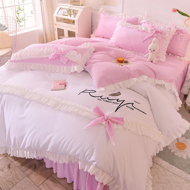 Princess bed skirt bed cover four-piece girl heart quilt cover pink bow bedding bed sheet three-piece set