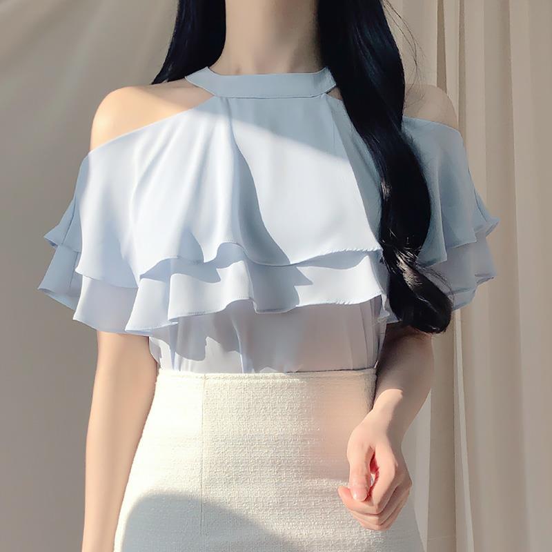 One-shoulder chiffon top female Xia Chaoxian  new short-sleeved chiffon shirt sweet ruffled off-the-shoulder shirt