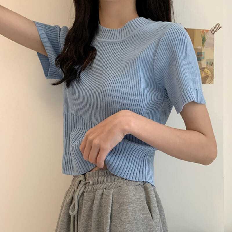 蓝色针织短袖T恤女夏季2023新款网红设计感高腰短款上衣服ins潮