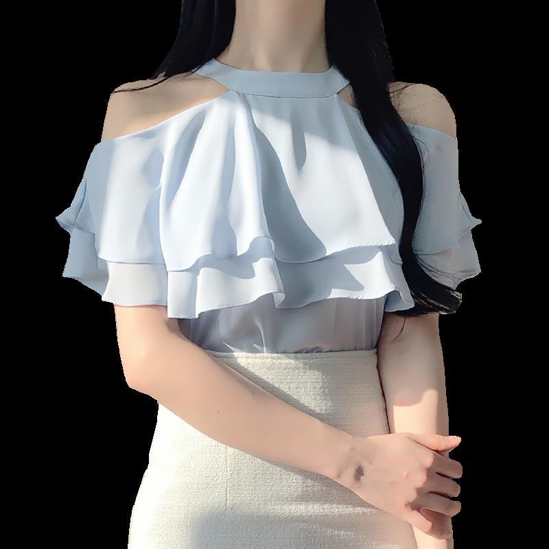 One-shoulder chiffon top female Xia Chaoxian  new short-sleeved chiffon shirt sweet ruffled off-the-shoulder shirt