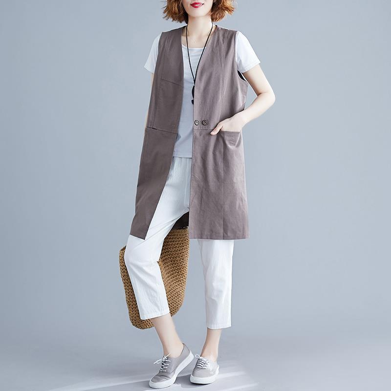Spring and summer new style of literature and art style loose solid color mid-length foreign style sleeveless V-neck double-breasted cotton and linen vest cardigan for women