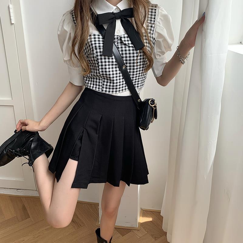 夏季三件套女洋氣格子吊帶短袖襯衫高腰a字短裙褲小個子套裝/單件
