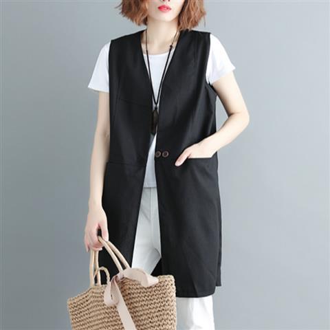 Spring and summer new style of literature and art style loose solid color mid-length foreign style sleeveless V-neck double-breasted cotton and linen vest cardigan for women