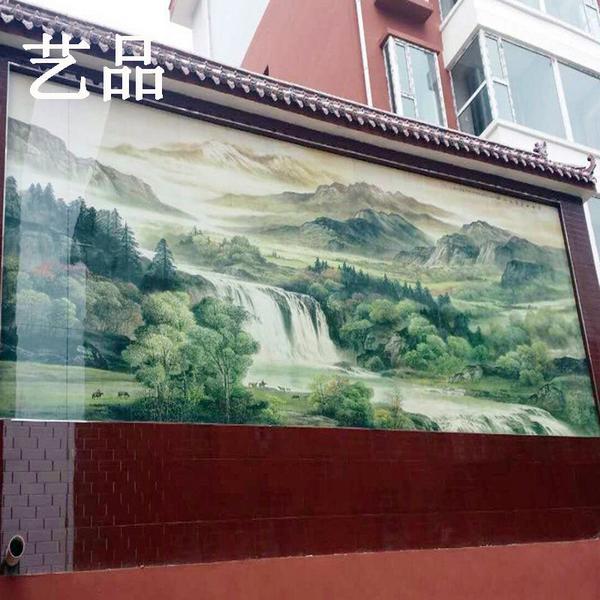 户外庭院山水画瓷砖背景墙迎门墙照壁壁画福字农村迎宾墙瓷砖