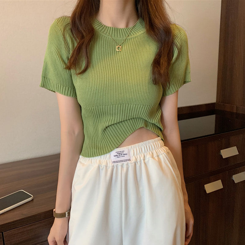 夏季2023新款韩版小个子修身外穿冰丝针织上衣百搭休闲短袖T恤女