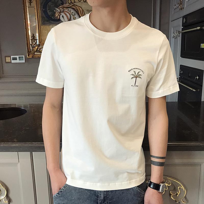 2022 summer new coconut tree embroidery ins trend short-sleeved tide brand men's half-sleeved white t-shirt Hong Kong style t-shirt