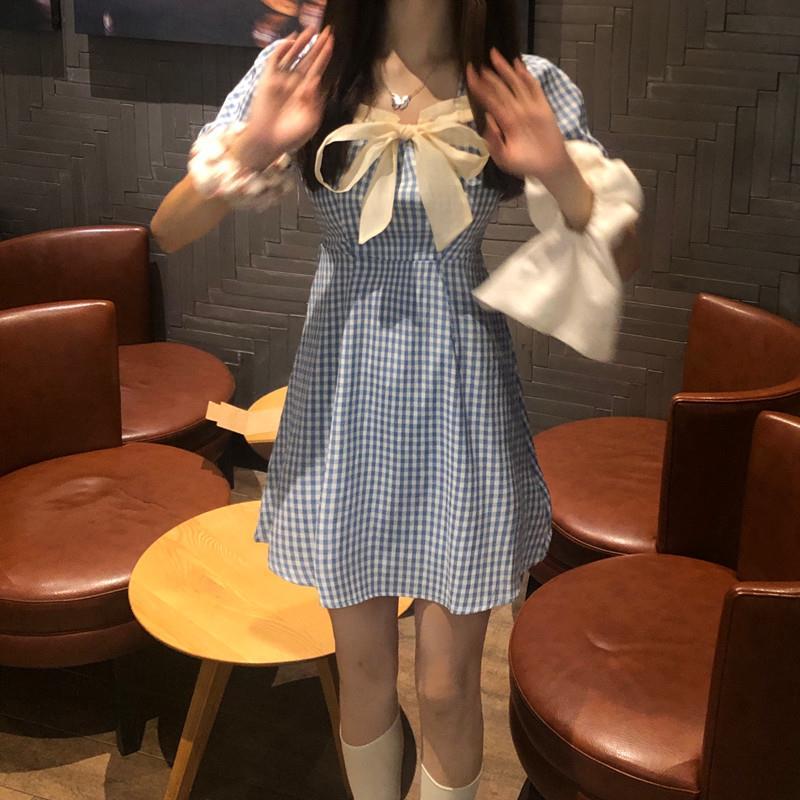 收腰顯瘦溫柔風裙子女法式小眾格子連衣裙氣質a字裙
