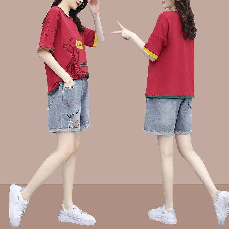 韩版夏季新款文艺圆领t恤女韩版短袖宽松上衣破洞牛仔裤套装
