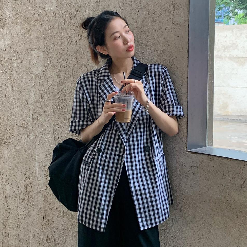 Double-breasted retro plaid small suit casual jacket women's new summer Korean version loose short-sleeved suit jacket