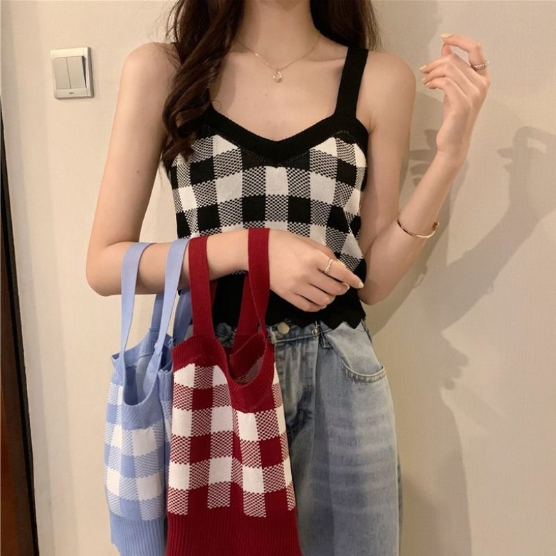 韩版格子针织背心吊带女年夏季新款修身内搭外穿百搭短款上衣