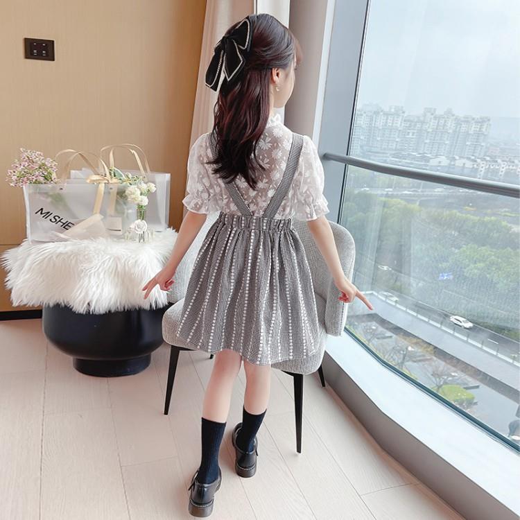 女童夏裝套裝2023新款洋氣休閒網紅兒童衣服蕾絲春秋時髦背帶裙子