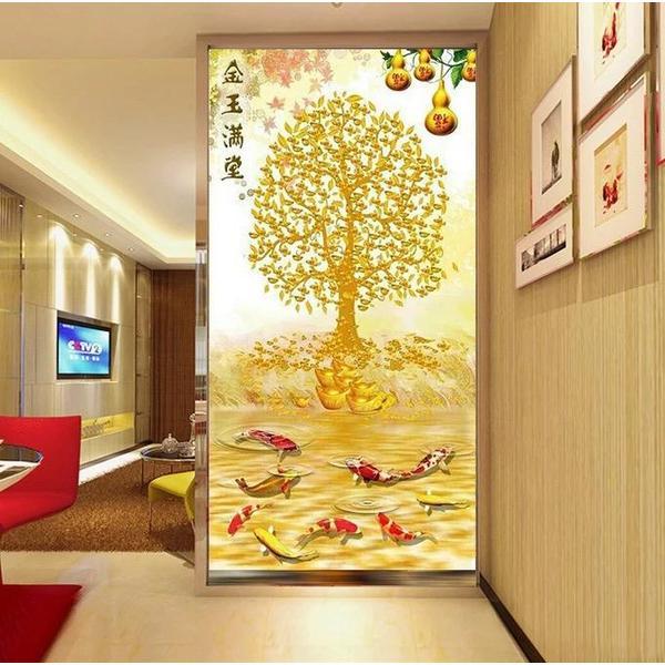 瓷砖玄关背景墙微晶石现代中式客厅过道装饰电视墙金玉满堂金钱树