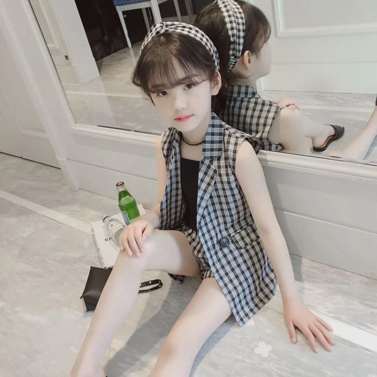 女童夏季三件套韩版马甲套装新款儿童格子西装三件套儿童套装